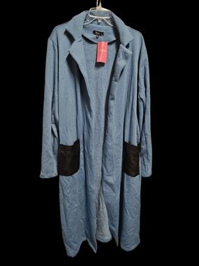 ILLord Blue Long Open-Front Trench Coat with Black Patch Pockets